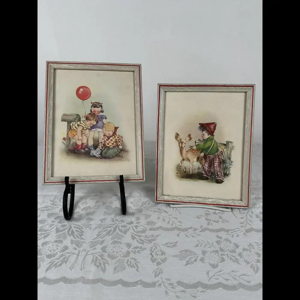 Vintage 1940s Lithograph Framed Nursery Art Pair Marion Bradford Burgess